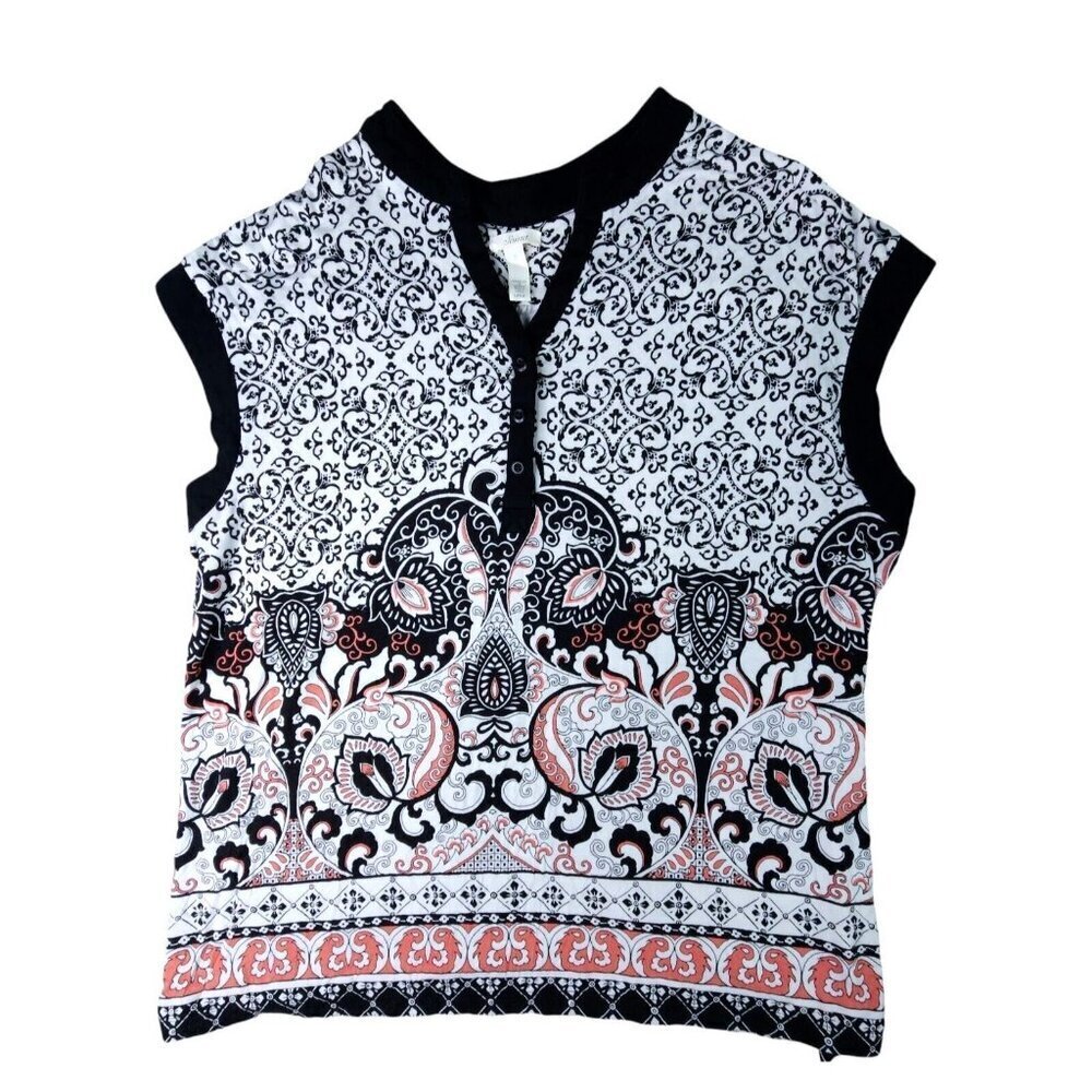 Soma Womens Top Size Large Black Floral V-Neck Henley Sleeveless Rayon Stretch